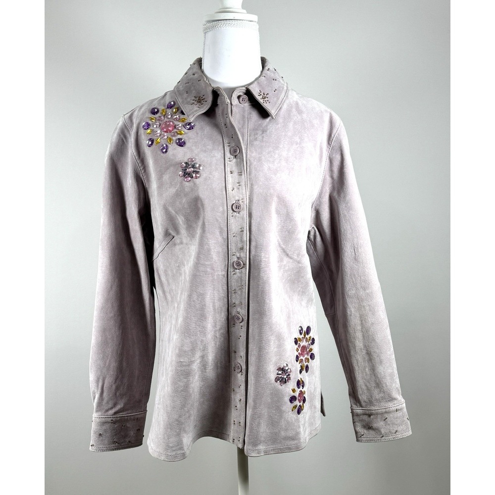 Y2K Western Cowgirl Leather Shirt Jacket Jeweled Embroidered Womens M